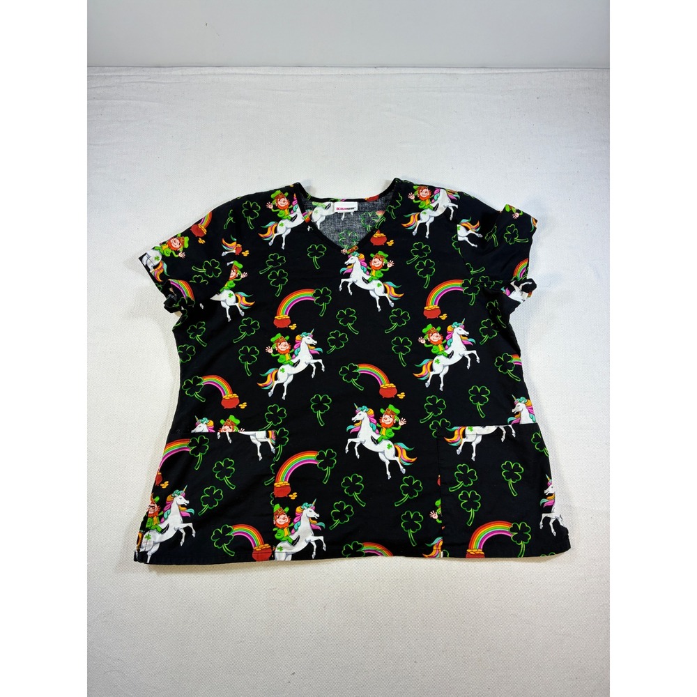 Scrubstar St. Patrick's Day Leprechaun Unicorn Scrub Top 2XL V-Neck